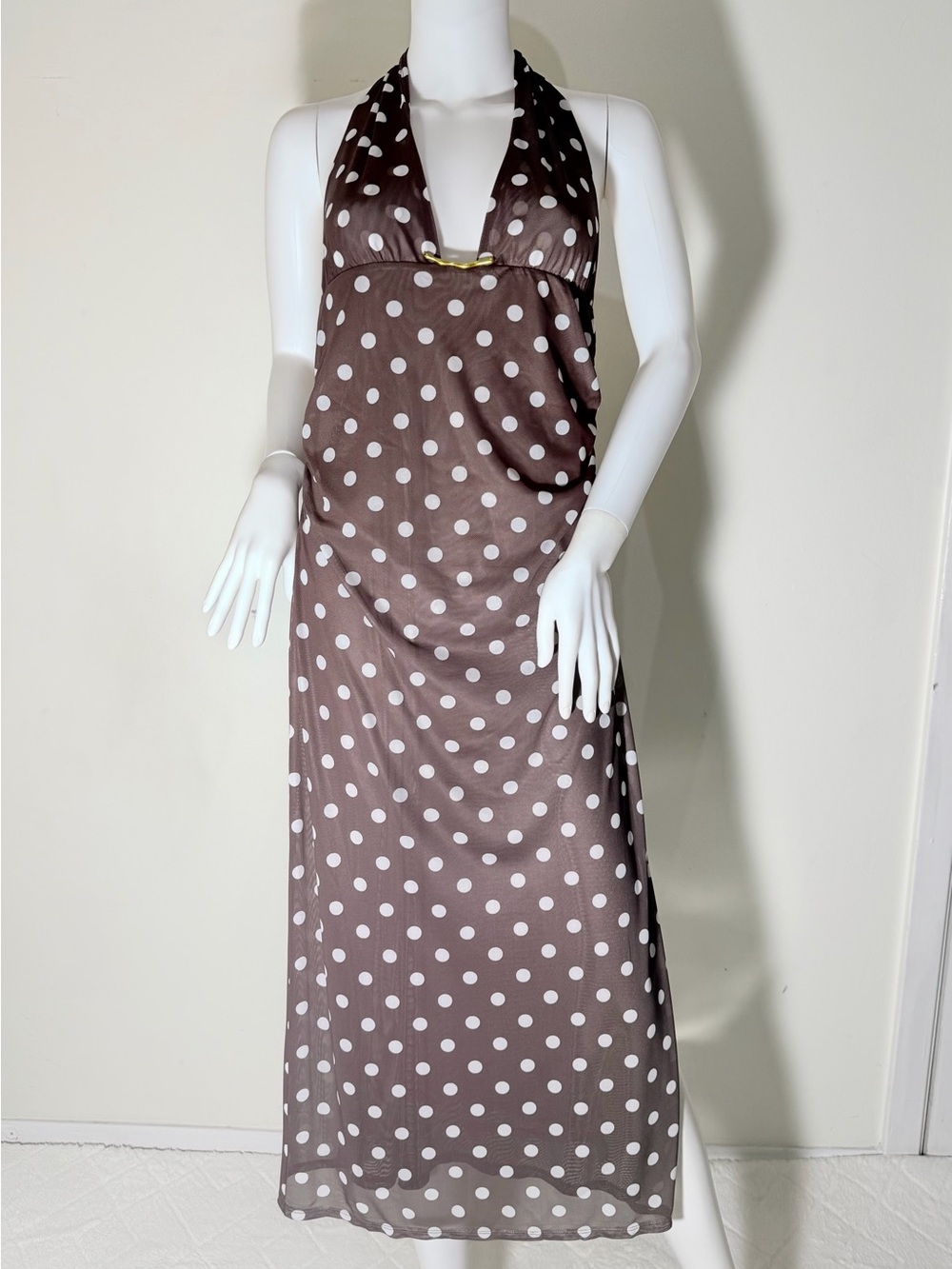 Caroline Constas Brown and White Polka Dot Halter Maxi Dress